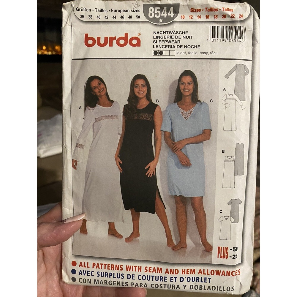 Burda 8544 Sewing Pattern Lingerie Nightgown Sleepwear Plus Size 10-24 Cut